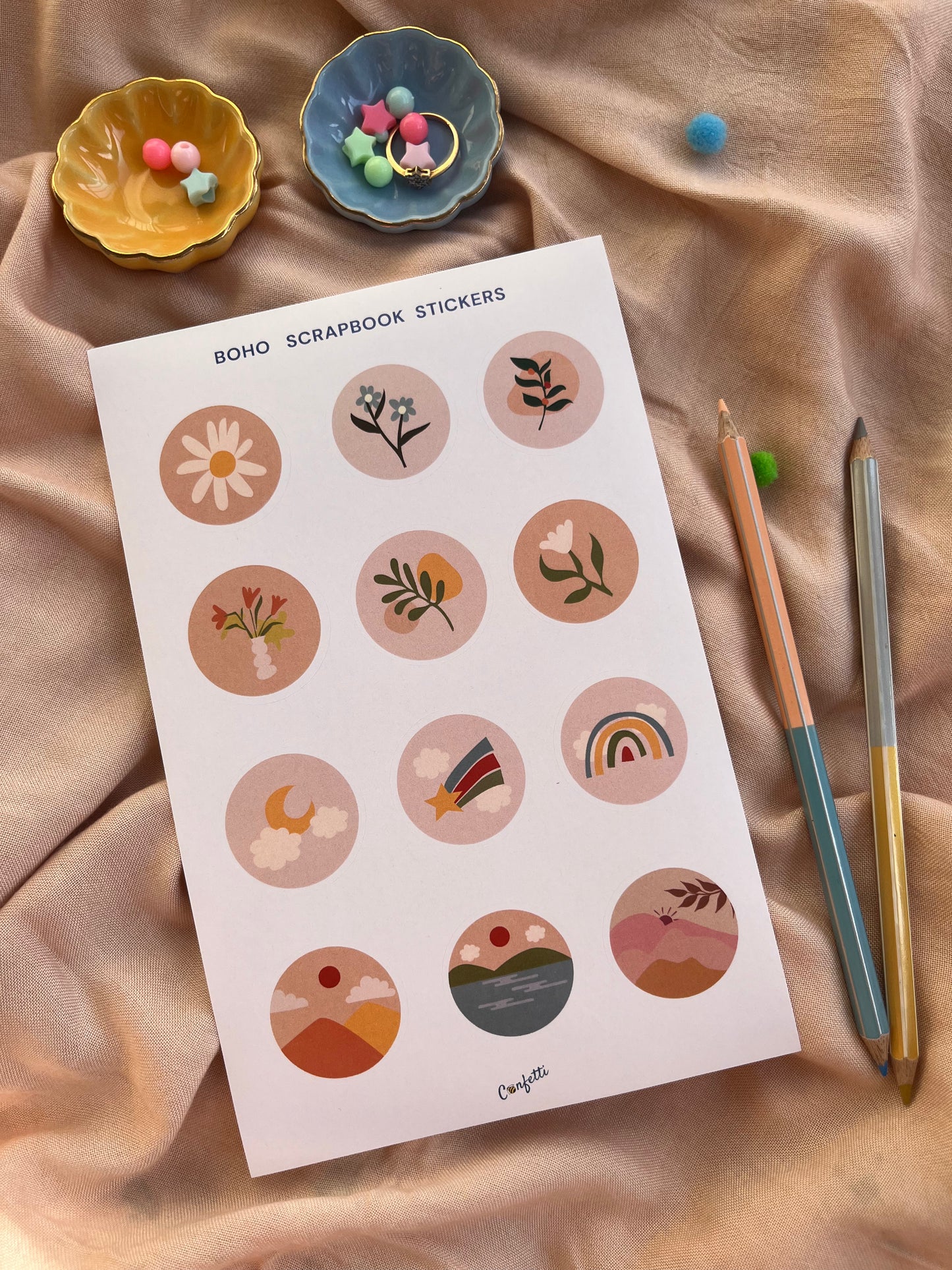 Boho Scrapbook Stickers - Set Of 3