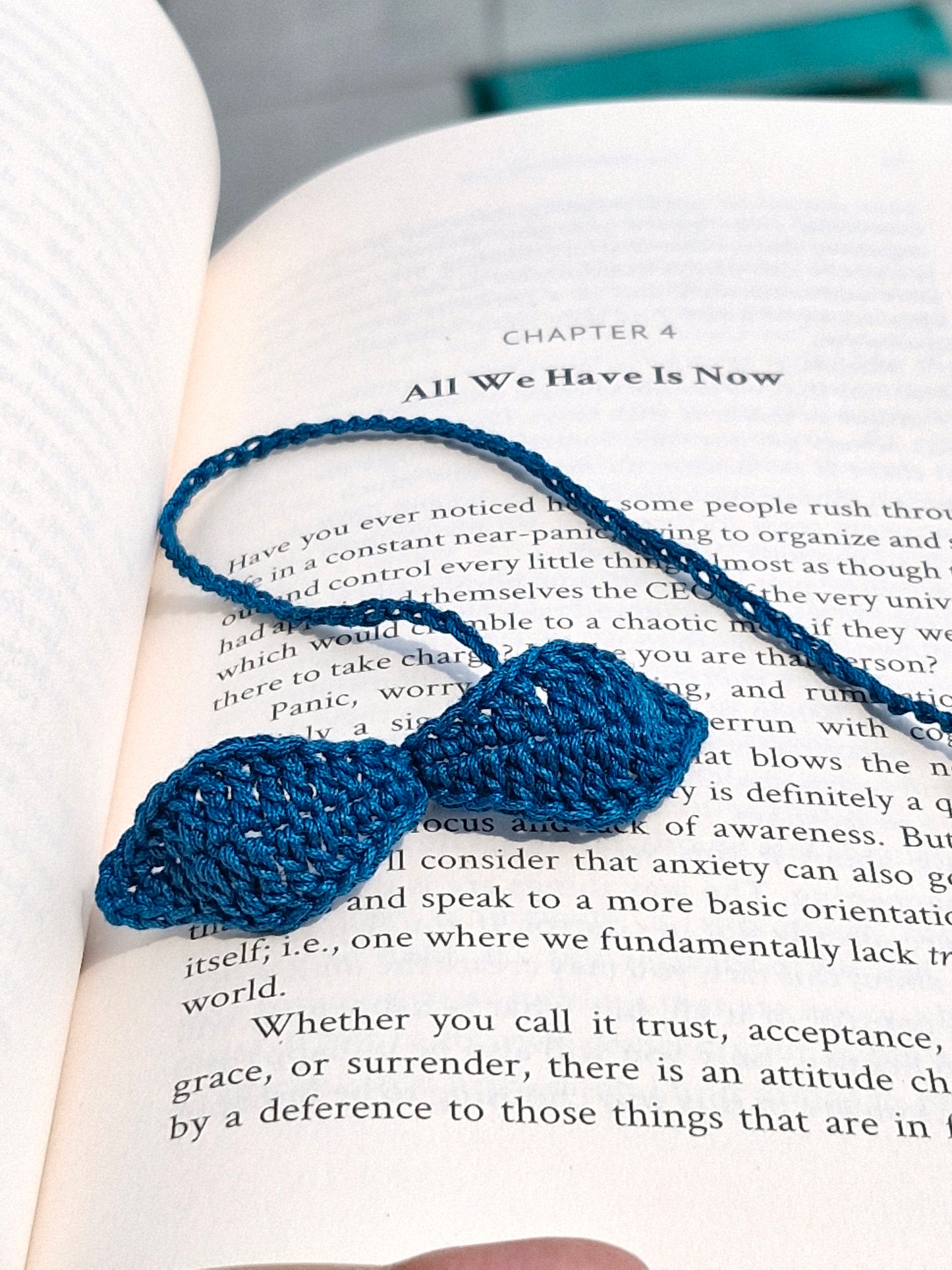 Teal Blue leaf crochet bookmark